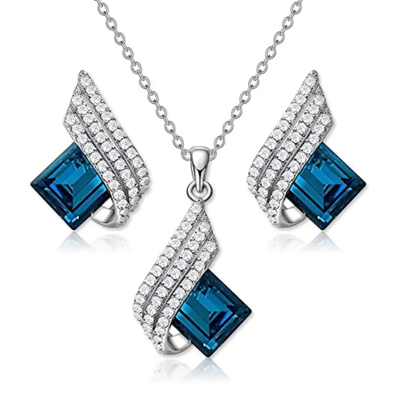 Women's necklace and ear stud set with cross chain design and glass pendant jewellery