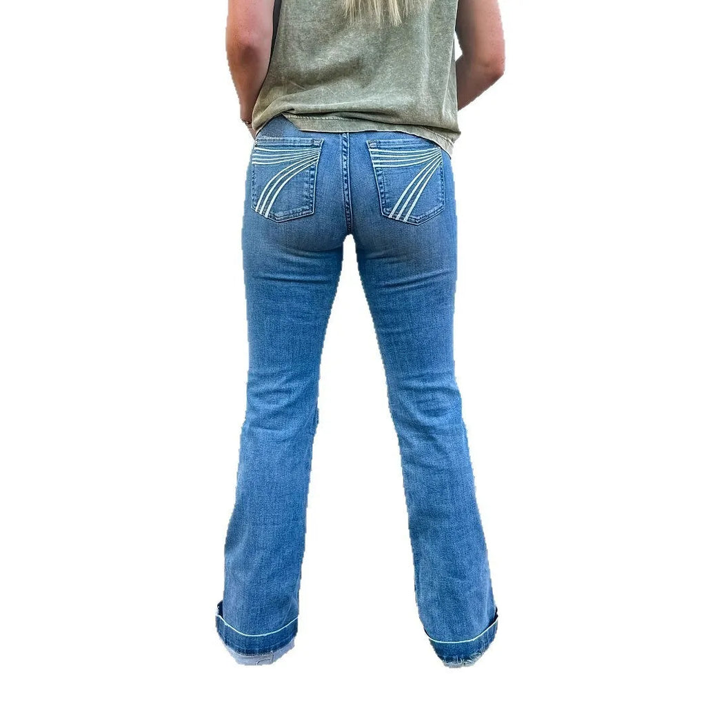 Slim fit mid-waist jeans with slightly flared trousers and embroidery detailing in three colour options