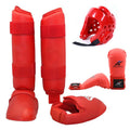 Karate Taekwondo protective gear set showing leg guard, helmet, and boxing gloves in red colour