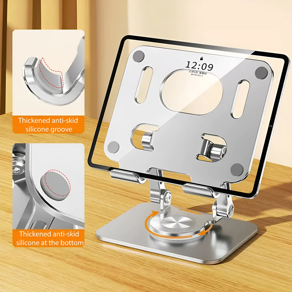 Rotating flat tablet stand in Technology Silver with aluminium plate and metal base on desk