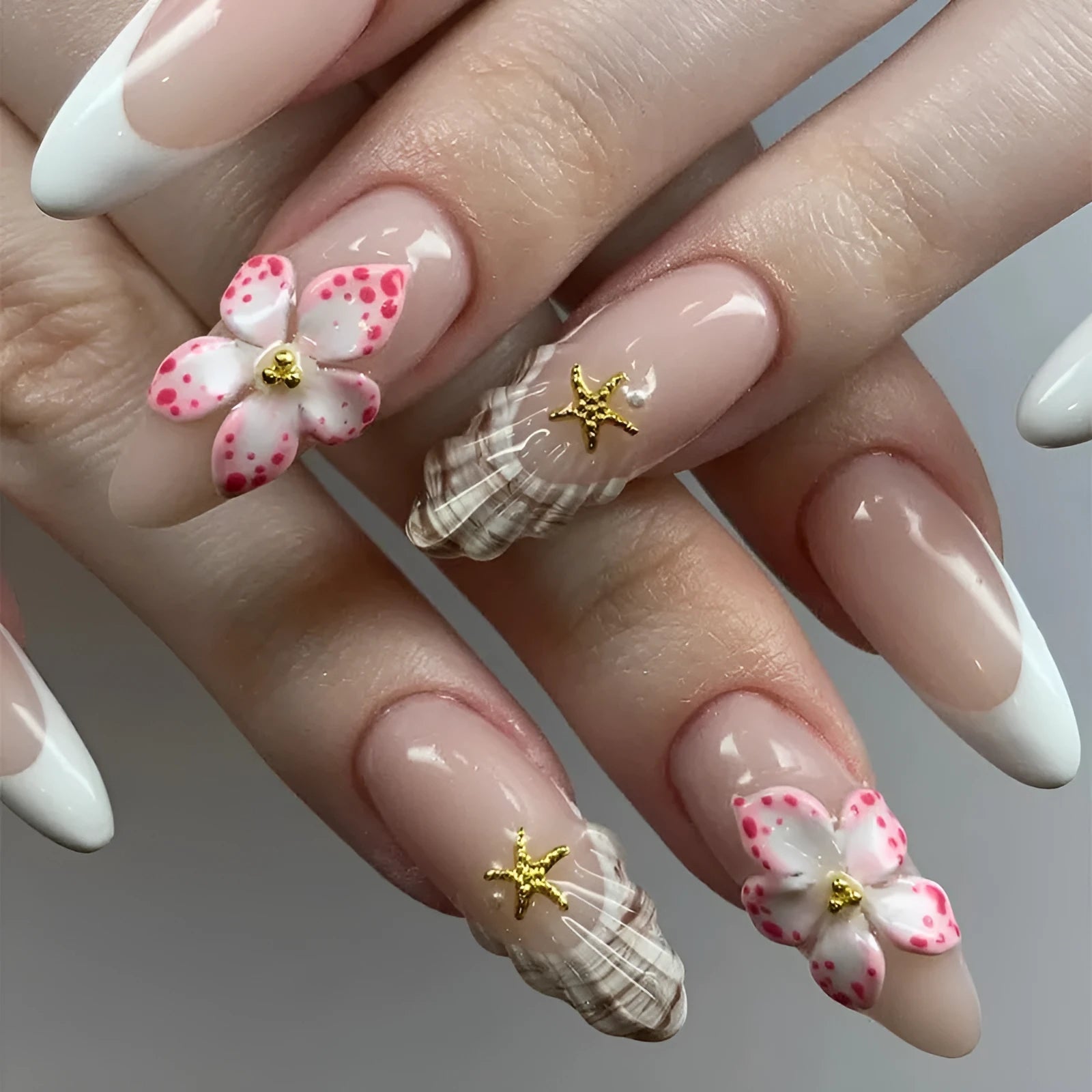 French style fake nails with rock pattern patches and simple flower design in colour W1764