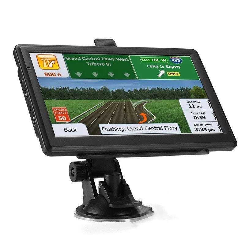 Black portable car GPS navigation device with a 7-inch touchscreen, shown mounted on a car windscreen with bracket.