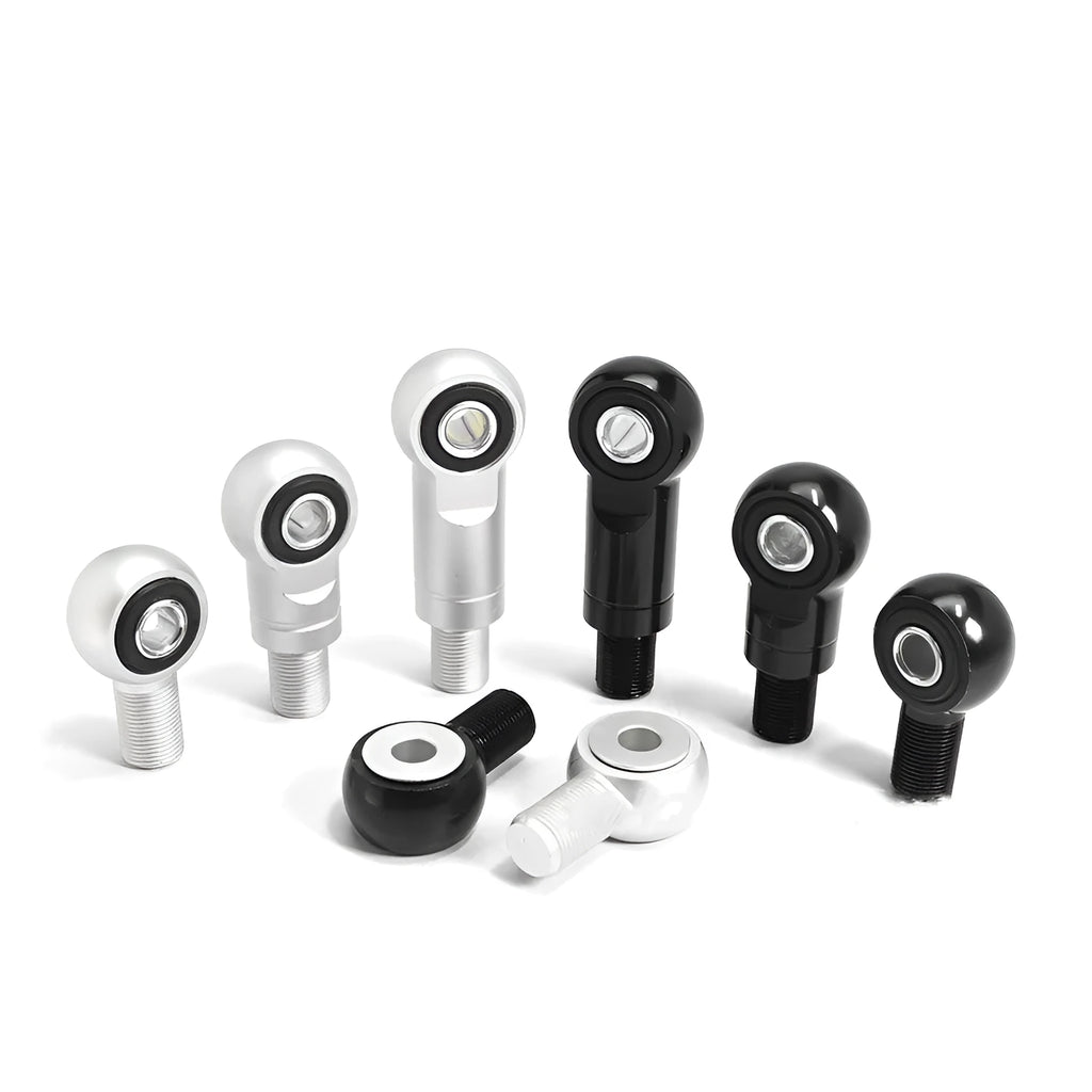 Aluminium motorcycle shock conversion round head in 16mm size shown in black and silver finishes