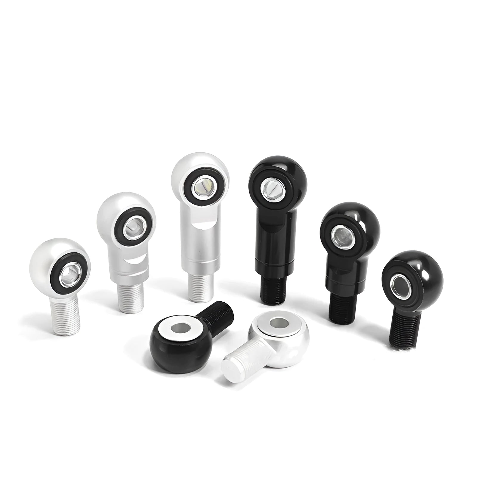 Aluminium motorcycle shock conversion round head in 16mm size shown in black and silver finishes