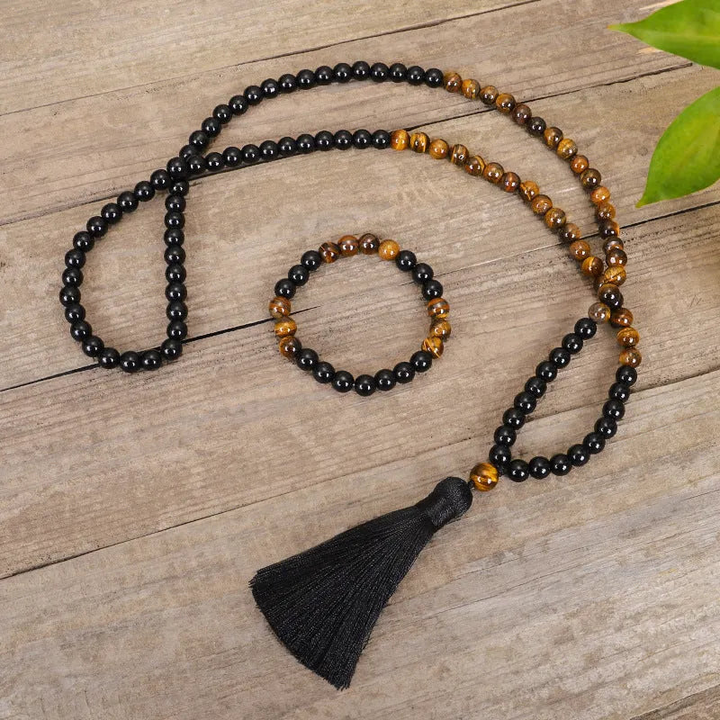 Handmade tiger eye stone tassel sweater chain necklace and bracelet with 81cm circumference