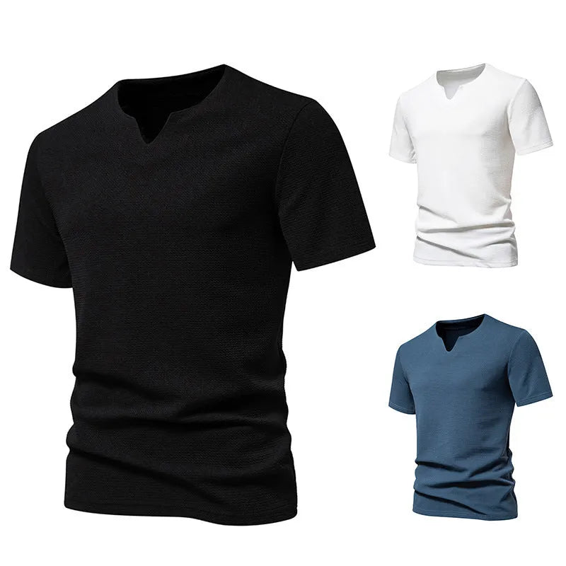 Men's bubble cloth V-neck short sleeve T-shirt in solid colour, loose fit, cotton blend