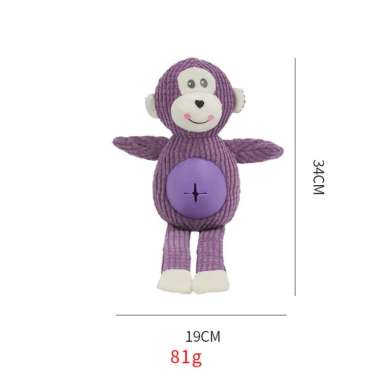 Animal-shaped stuffed dog toy in three bite-resistant colours Green Orange Purple on a white background