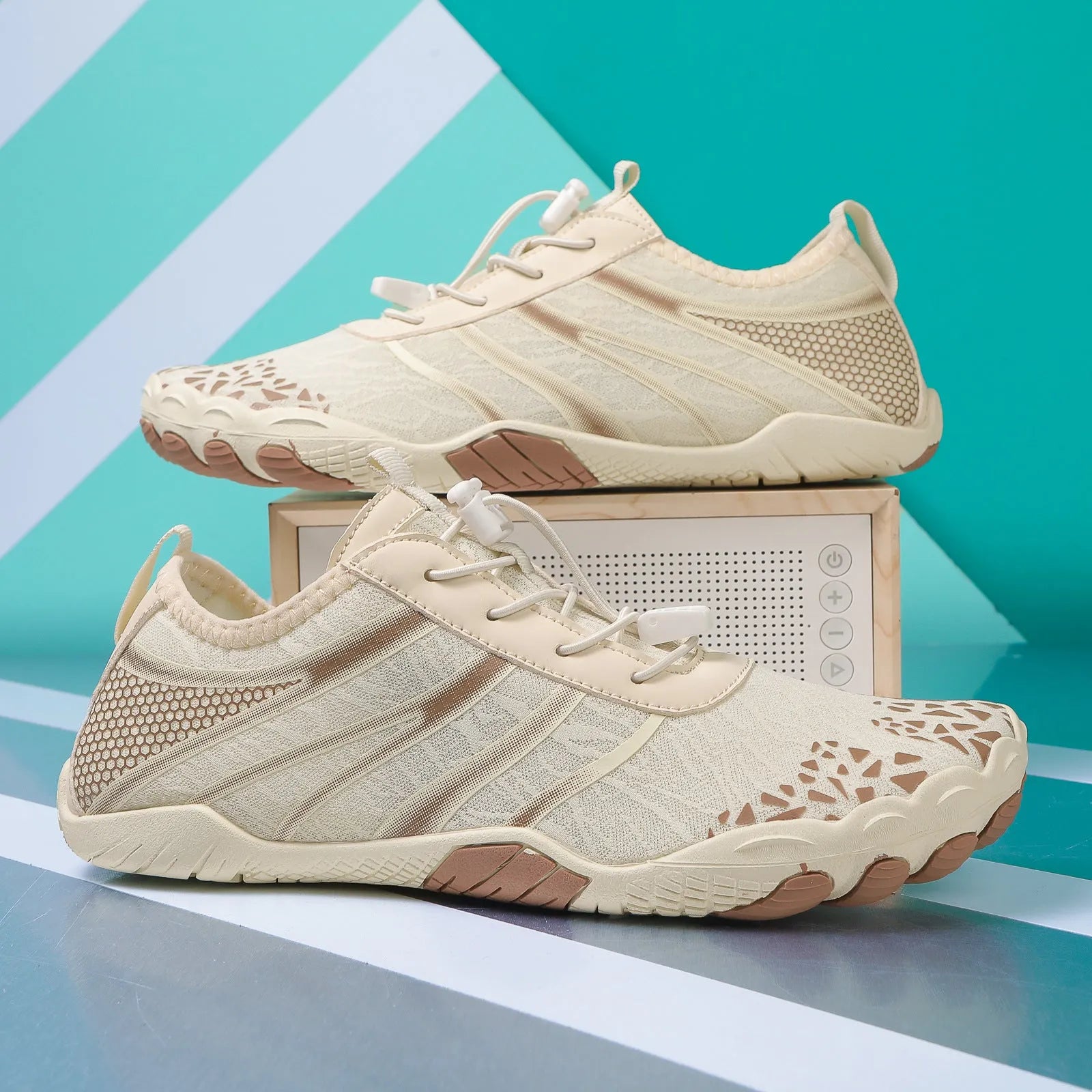 Casual unisex beach running shoes in Lycra stretch fabric, shown in beige, black, blue, grey, and white powder colour options.