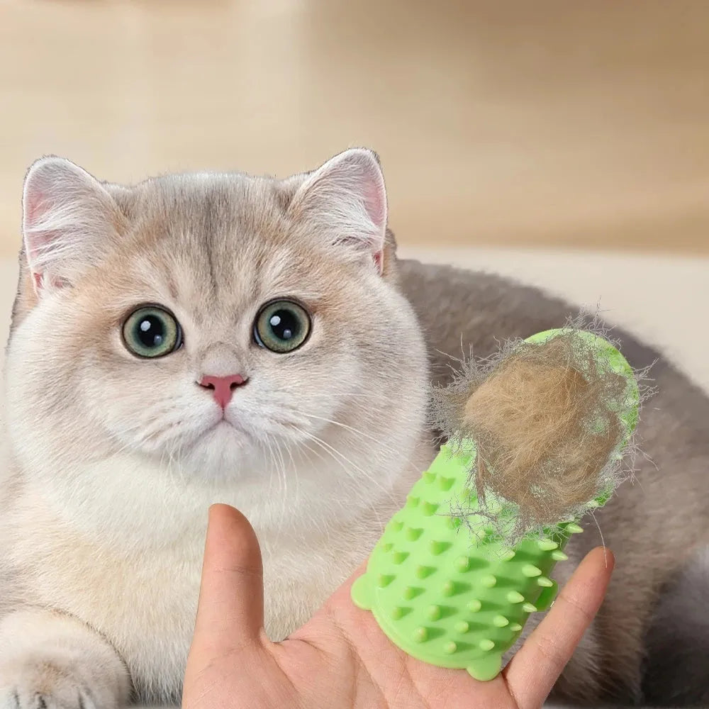 Silicone cat grooming and scratching brush with adjustable strap wrapped around a table leg.