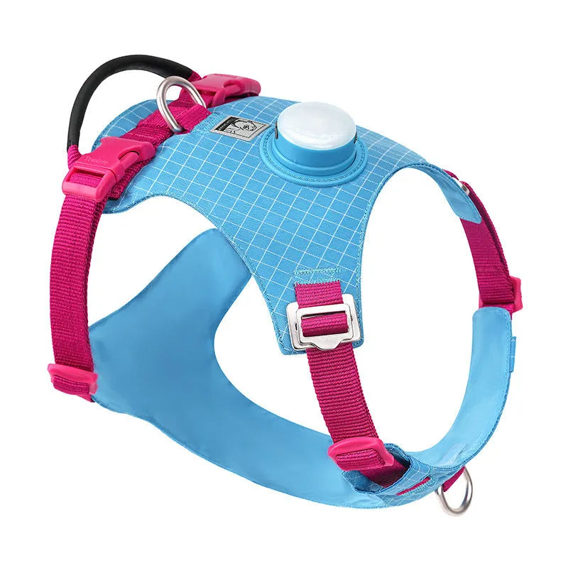 A light purple adjustable nylon dog harness with an LED light on the chest strap.