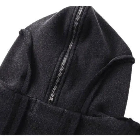 Black retro loose padded hooded coat with an abstract pattern and zip front.