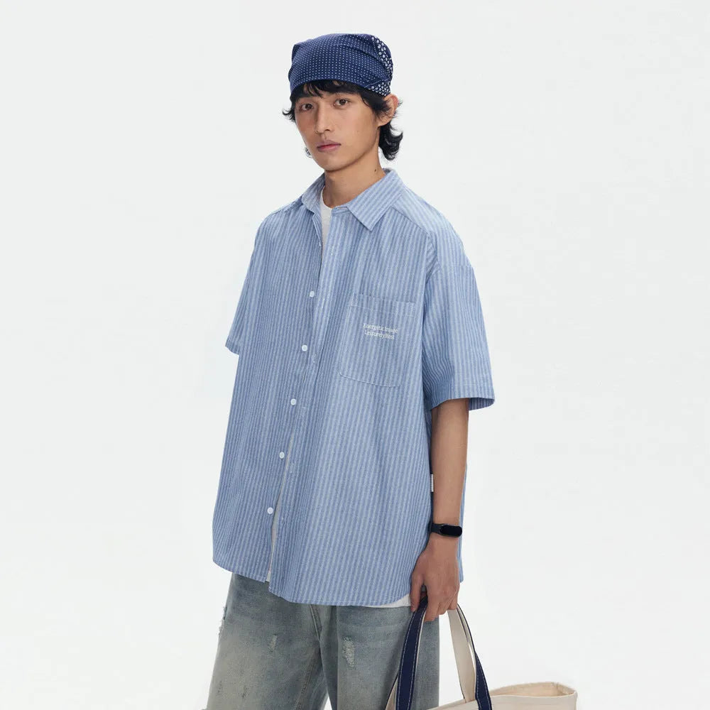 Blue striped short-sleeved overalls shirt for men and women in casual cardigan style