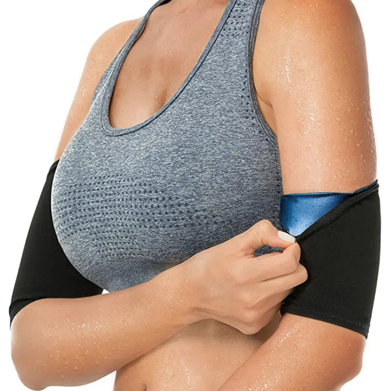 Blue and silver sports arm band sweatband shown with size tags for S/M, L/XL, XXL/3XL, and 4XL/5XL.