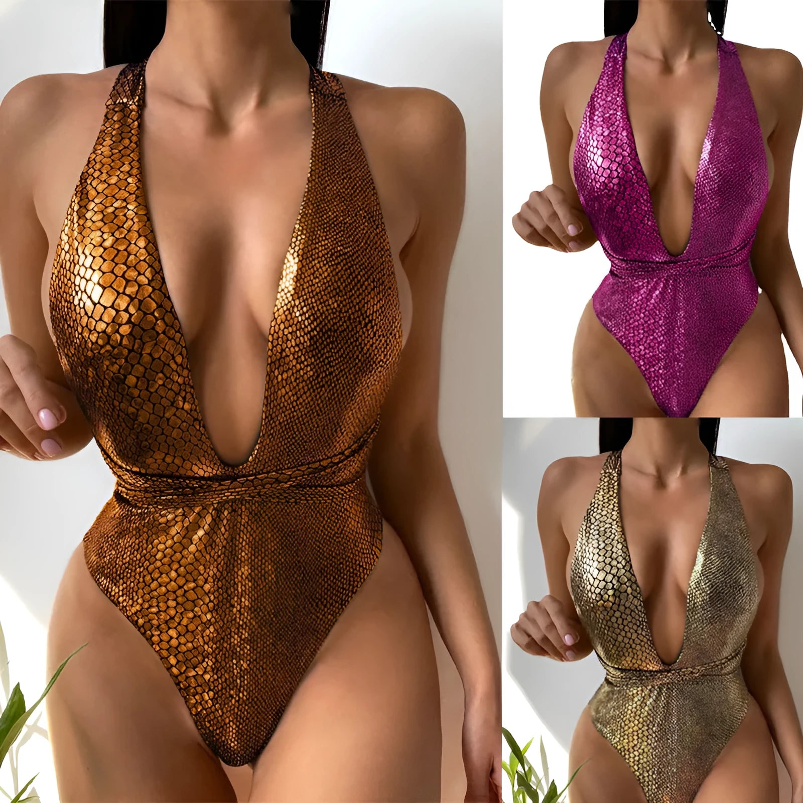 Women's solid colour sequined one-piece bikini swimsuit on a hanger.