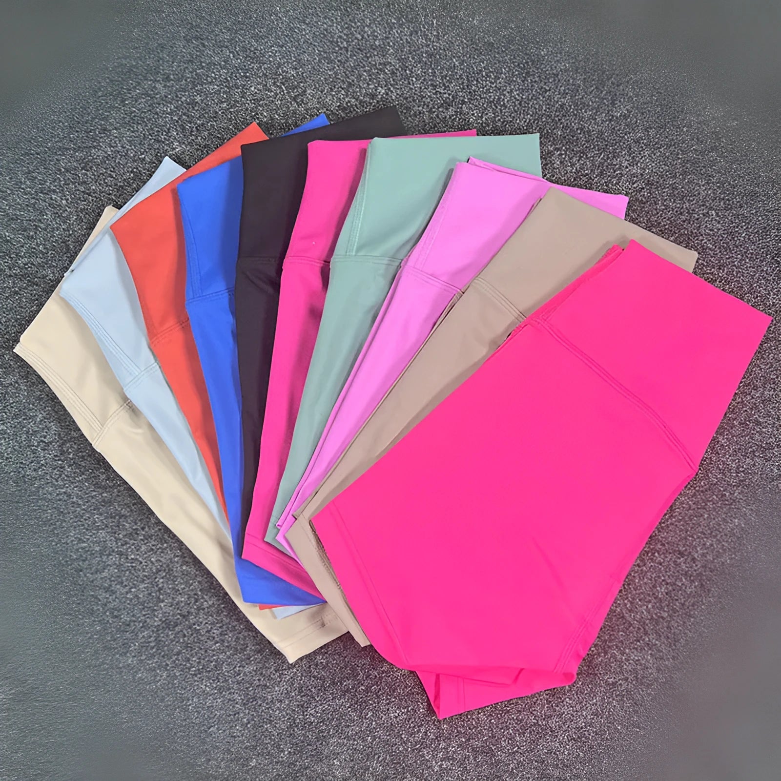 Ladies high waist yoga shorts in nylon fabric, shown in multiple colour options.