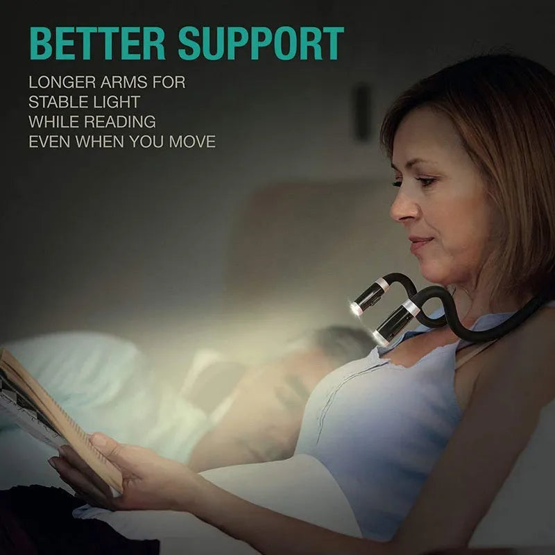 Flexible neck hug book light with LED reading lamp in three colour options: black, blue, green, and red on a table