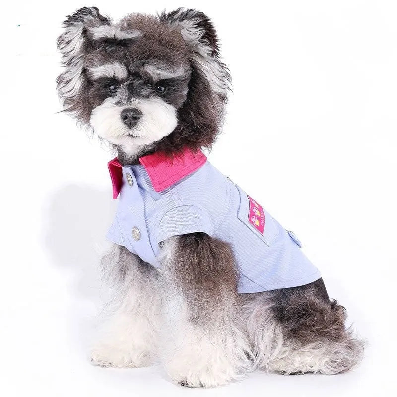 Blue and purple polyester dog vest with chest ring for traction rope attachment in seven sizes for small dogs