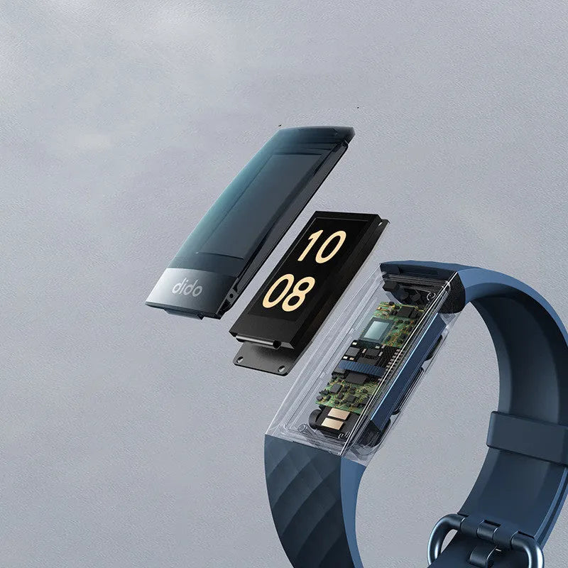 Black smart health bracelet with blood pressure and ECG monitoring on wrist showing 1.1-inch display screen