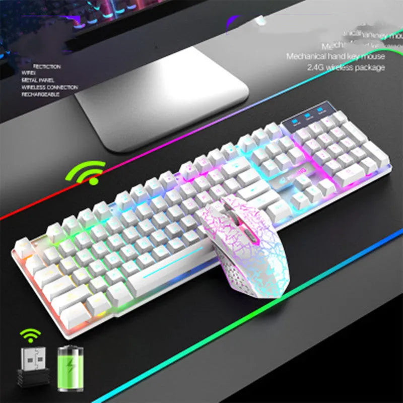 T3 wireless charging keyboard and mouse set with backlit keys and USB interface in black, white, or blue colour options
