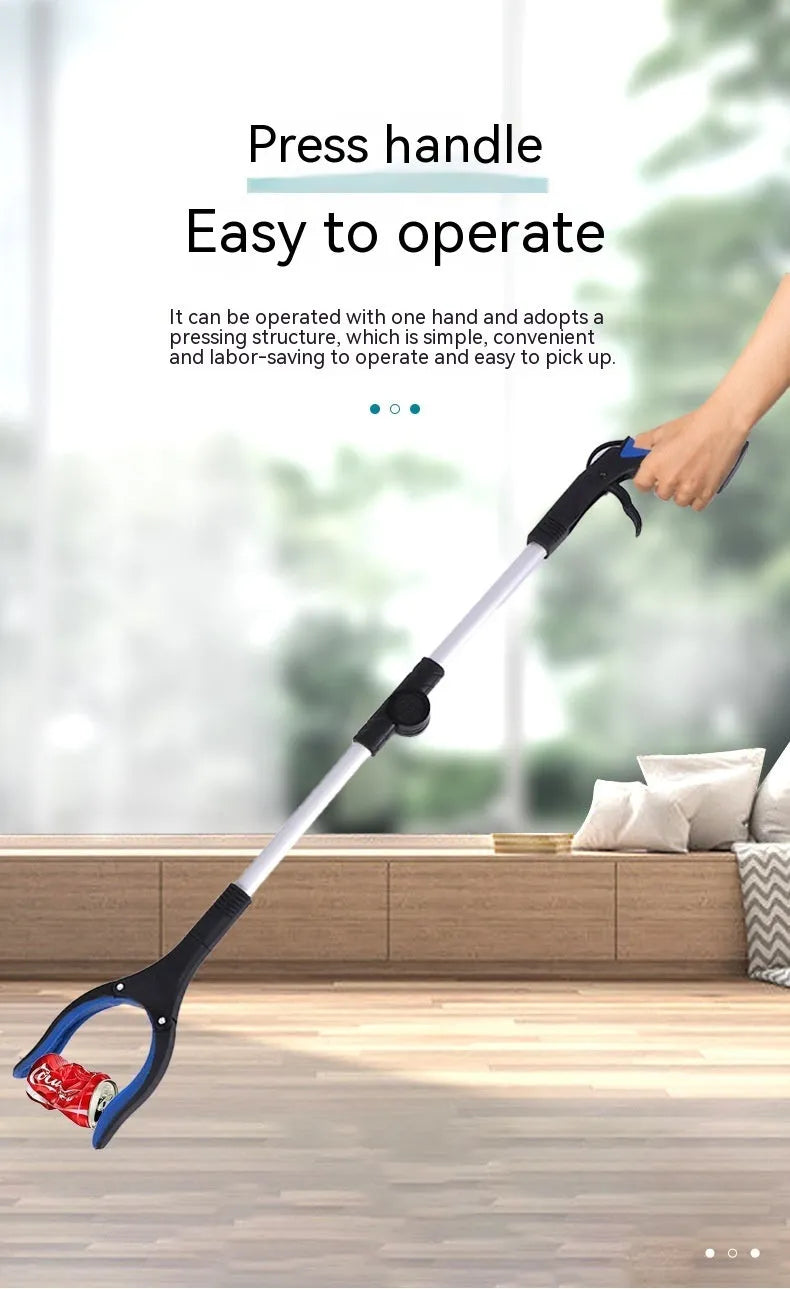 Foldable aluminium rubbish pick-up claw with blue handle, shown extended and with magnet sucker.