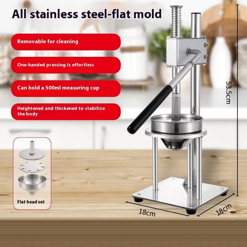 Manual stainless steel orange juice juicer with hand press, nylon strainer, and quick disassembly mechanism on a countertop.
