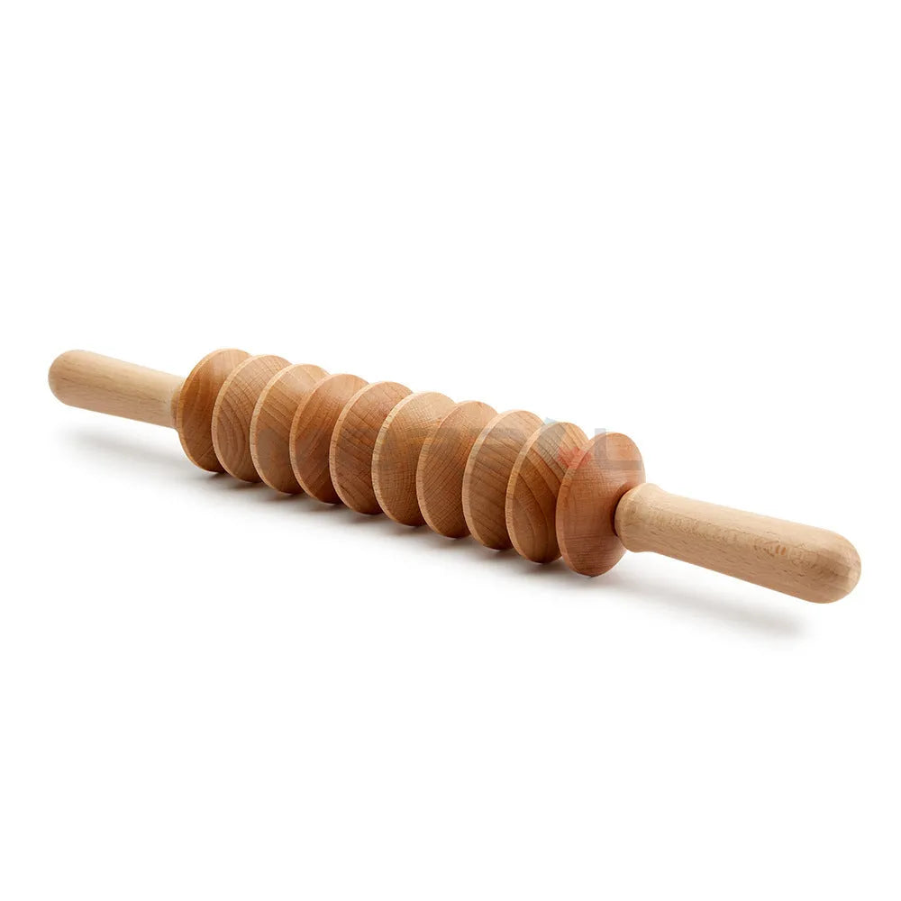 Natural beech wood massage roller set with T-shaped tool and multiple wheel configurations