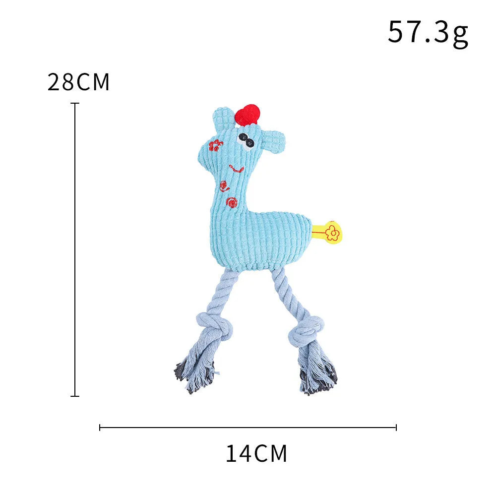 Deer-shaped blue plush dog toy with corn grain texture and squeaker sound
