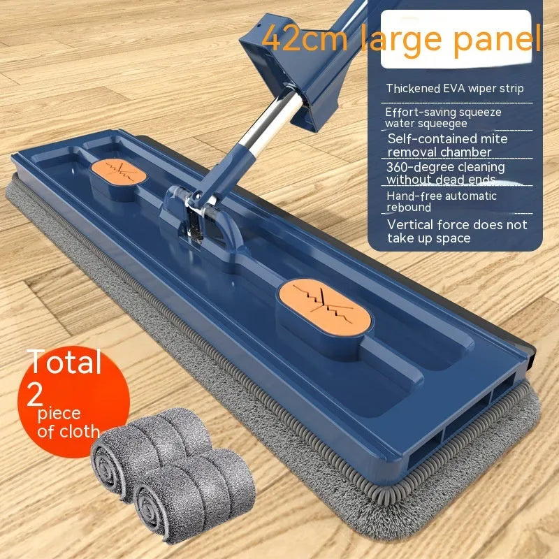 Large flat mop with stainless steel handle and blue cloth on hard floor