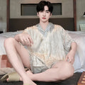 Men's artificial silk pyjamas set with cardigan top and shorts in satin jacquard pattern
