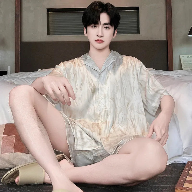 Men's artificial silk pyjamas set with cardigan top and shorts in satin jacquard pattern