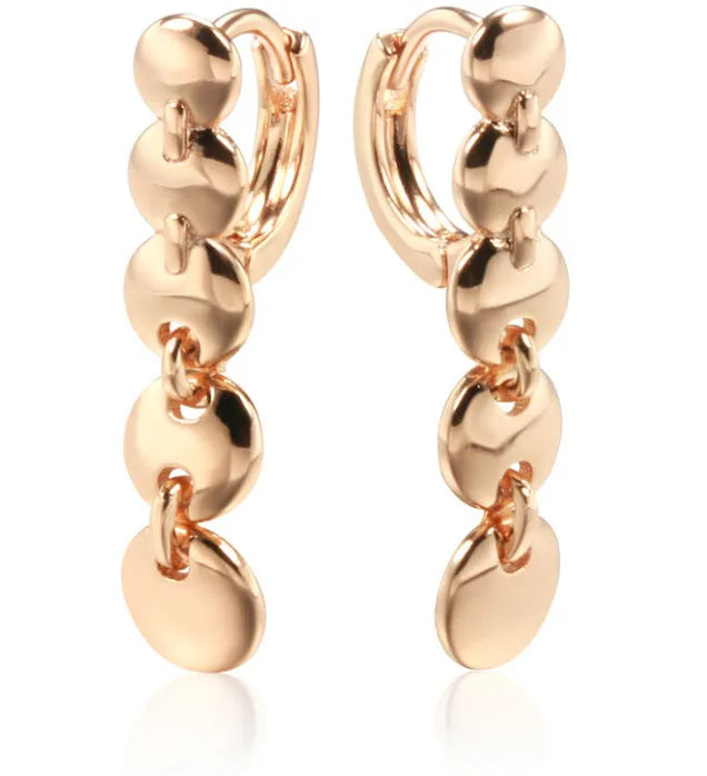 Retro long copper circle earrings with woven wirework and gold-coloured finish