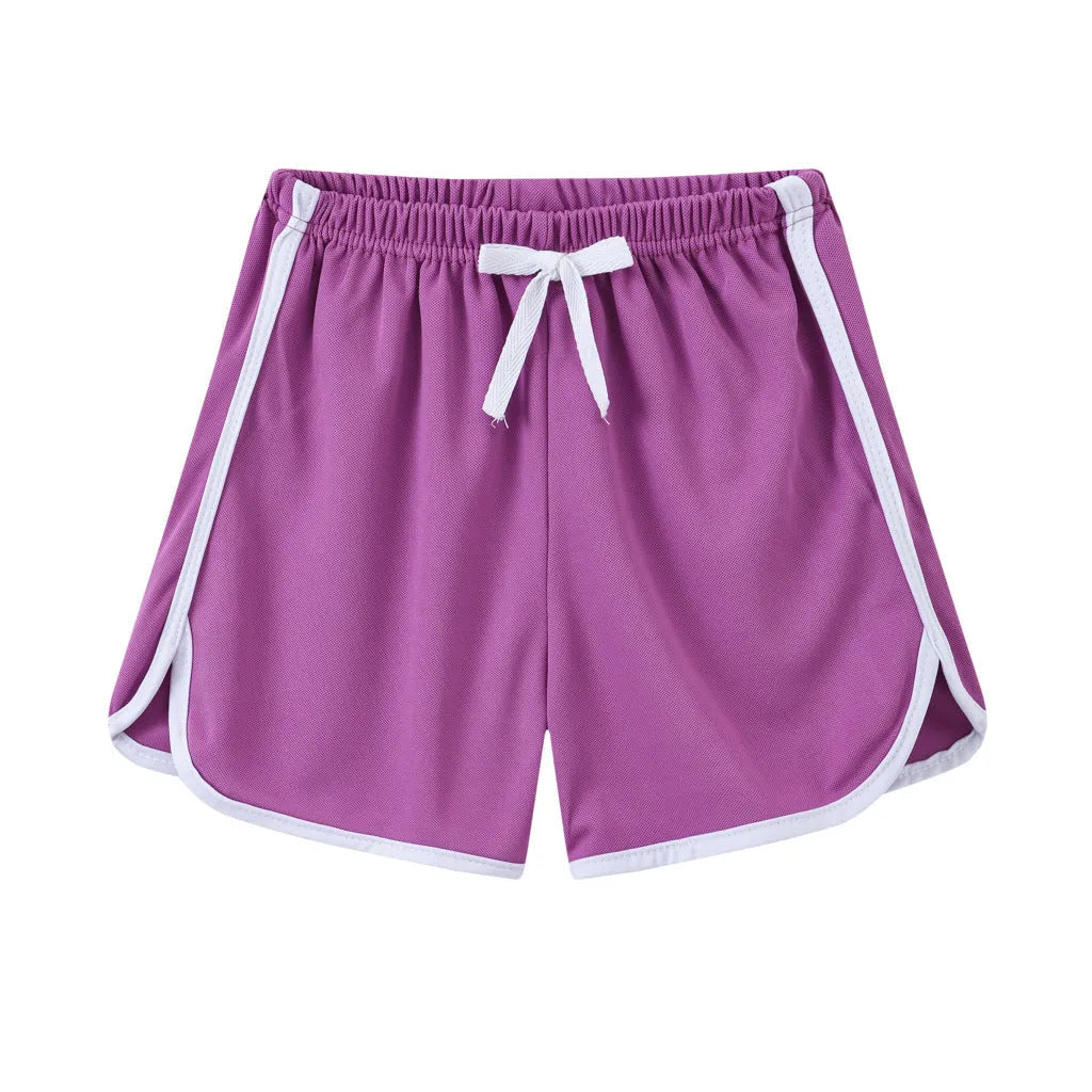 Children's casual polyester shorts in assorted colours and prints like pineapple, kitten, and stripes for beach wear.