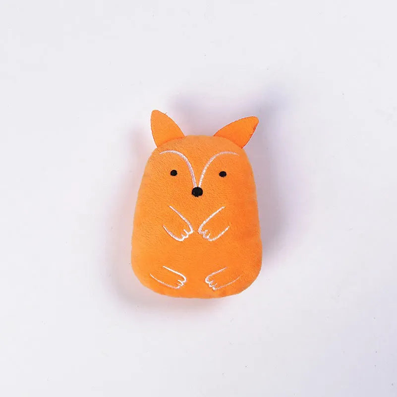 Set of four colourful plush catnip toys for chewing and interactive play with vocal sounds