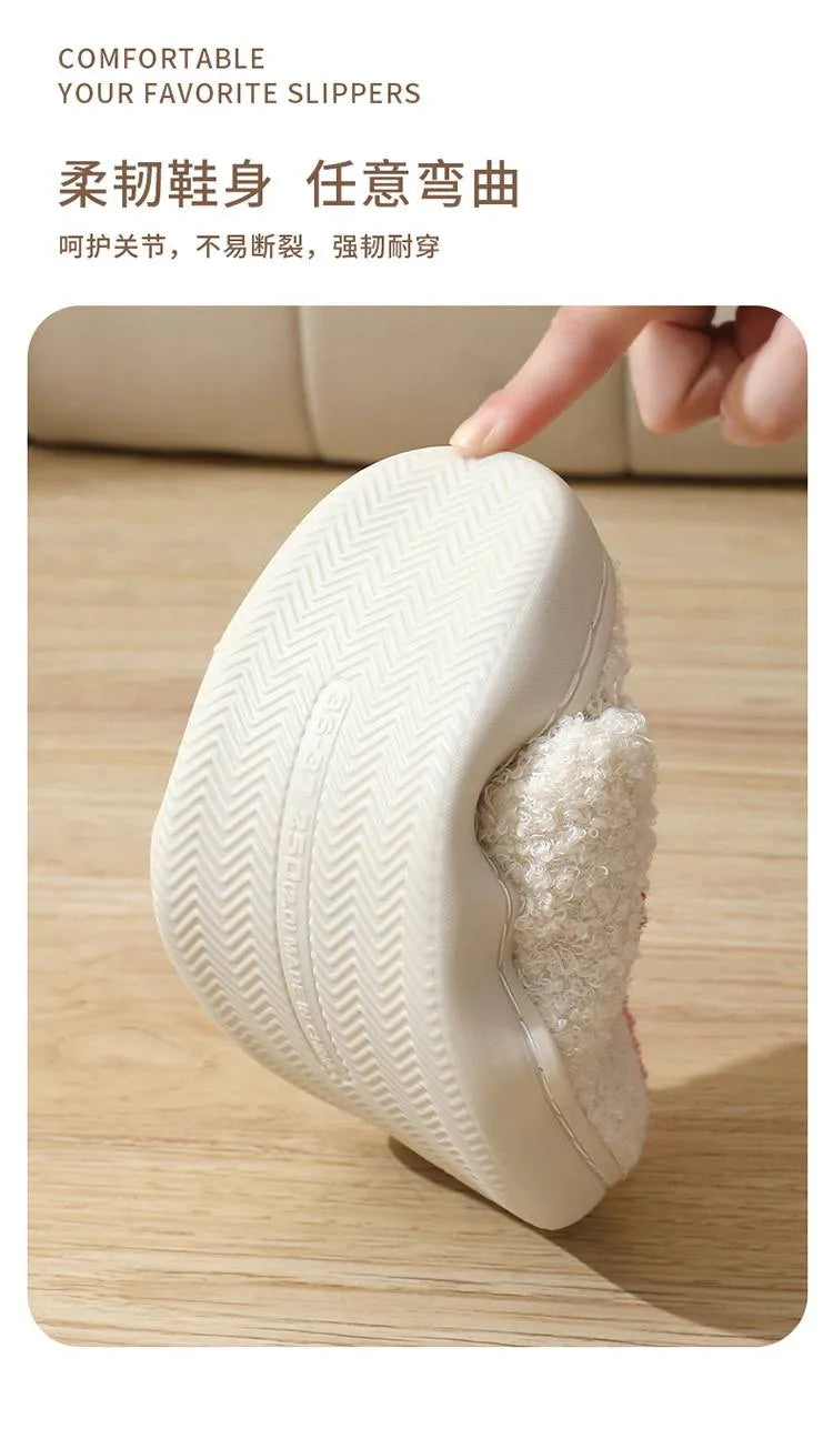 Women's indoor plush thermal cotton slippers with linen upper and non-slip sole in Mask Black colour