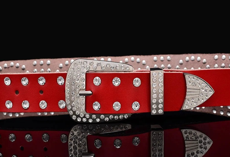 Leather ladies belt with diamond-studded cowhide pin buckle, alloy D-shape buckle, rhinestone mosaic, two-layer cowhide