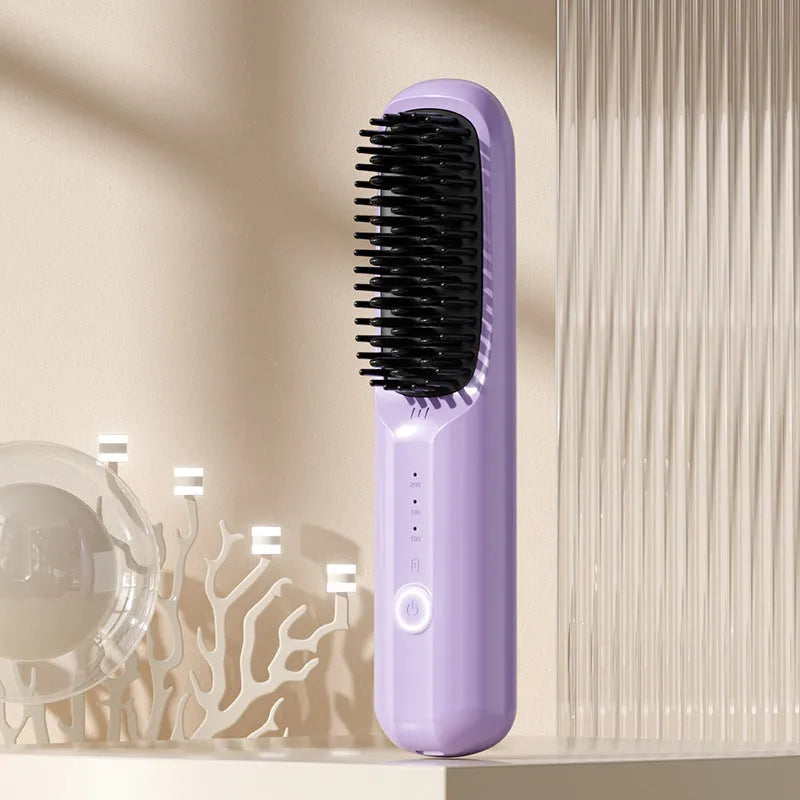 Wireless anion hair straightening comb in beige, pink, purple, or black colours.