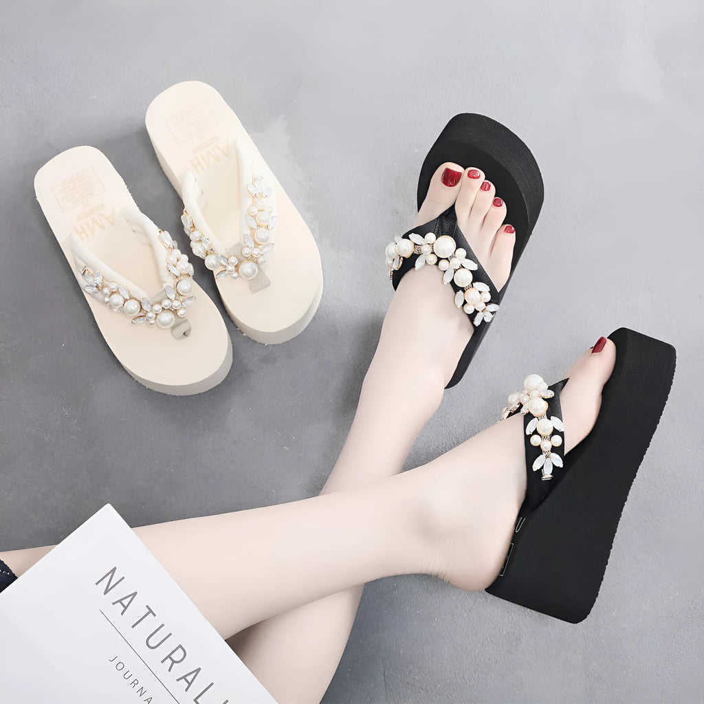 Women's high-heeled flip-flops in beige with cotton cloth upper, showing casual summer sandal design