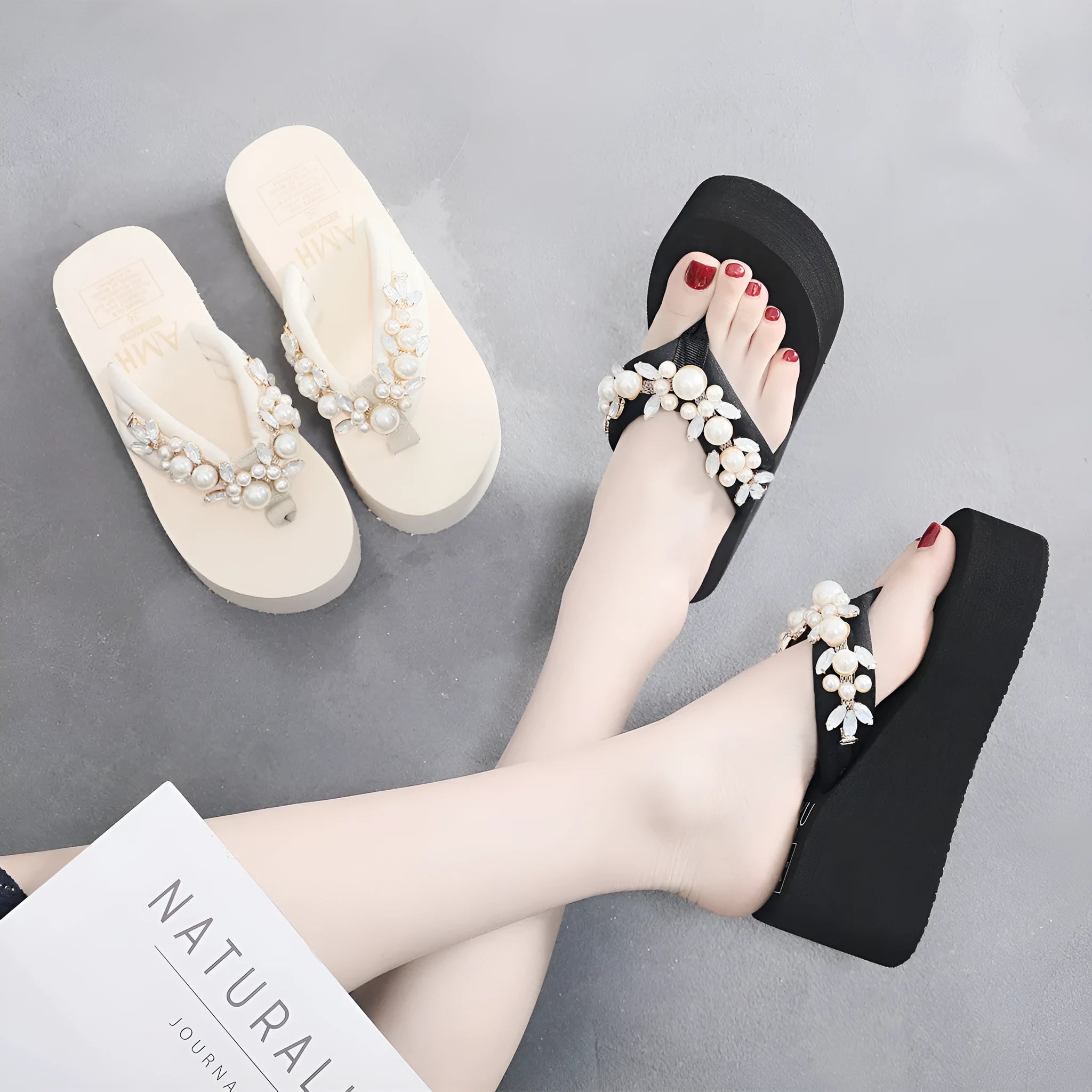 Women's high-heeled flip-flops in beige with cotton cloth upper, showing casual summer sandal design