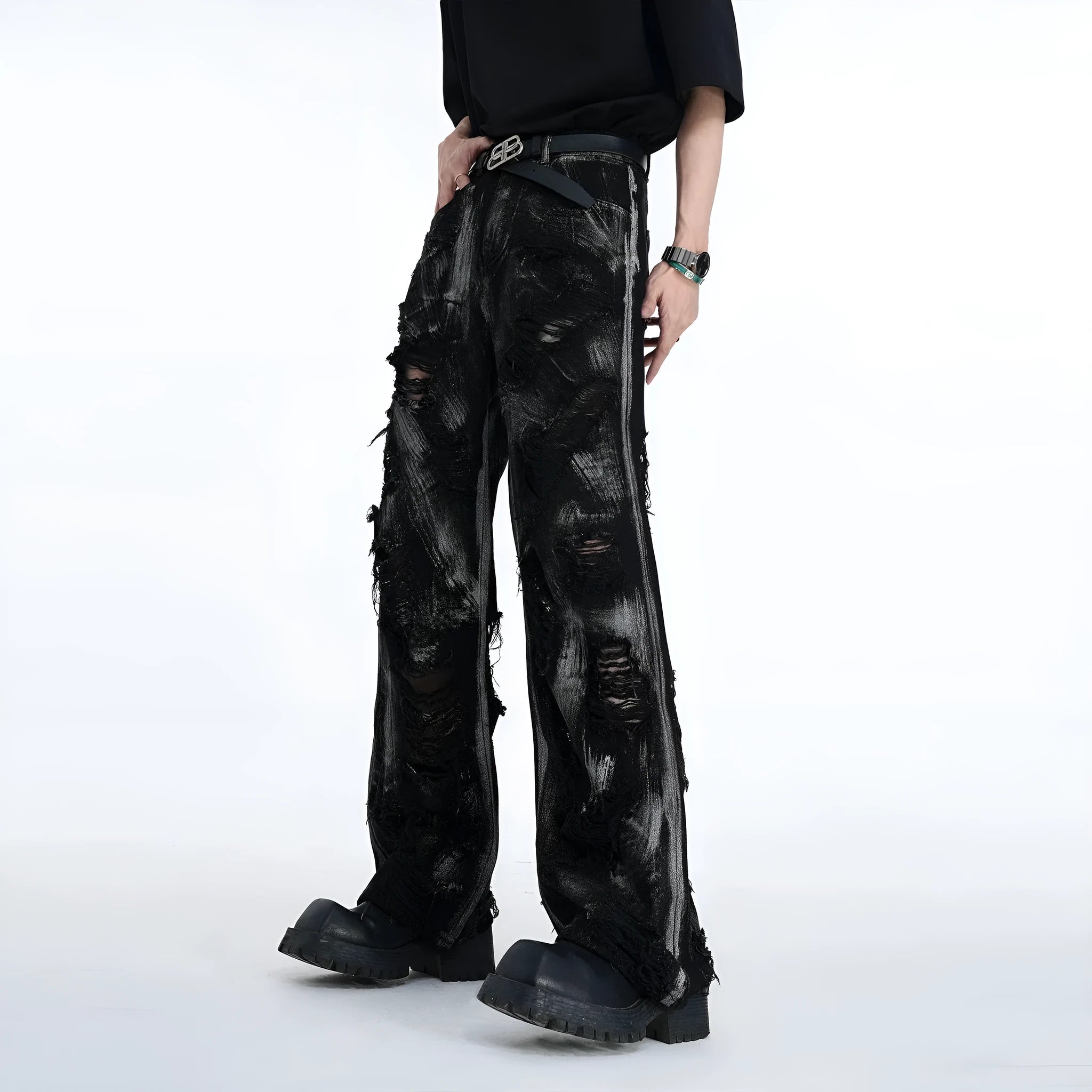 Men's heavyweight washed denim long pants jacket in streetwear style with micro elasticity fabric