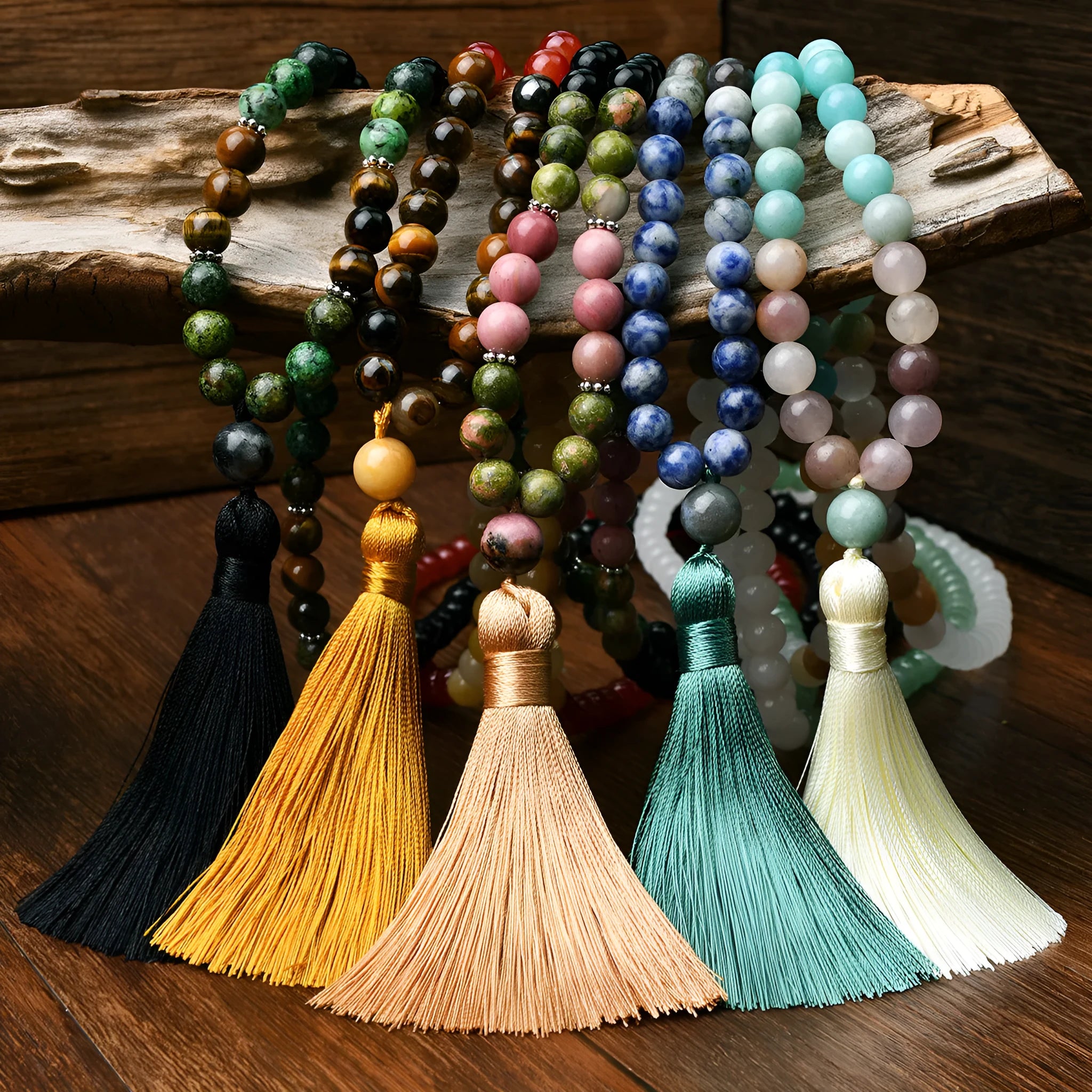 Handmade natural stone bead necklace with tassel pendant in bohemian style