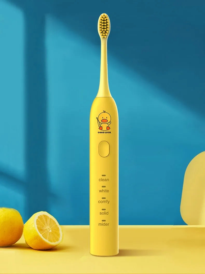Yellow duck design electric toothbrush with USB charging port and soft bristle head