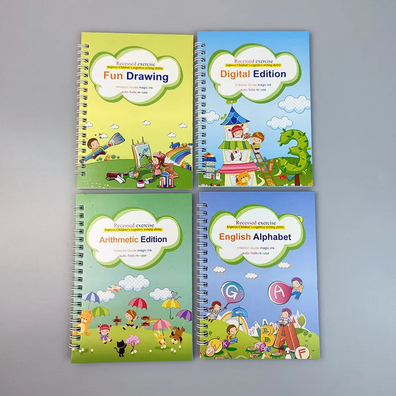 Four magic stylus clean writing practice books with slot design in white, grey and black colours