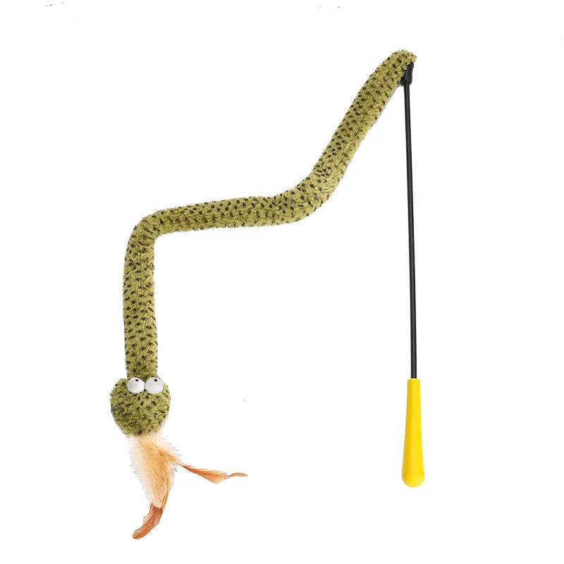 Long green cat teasing wand with feather toy on a white background