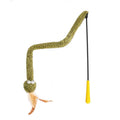Long green cat teasing wand with feather toy on a white background
