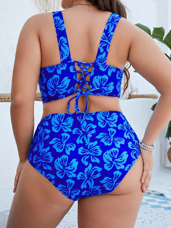 Blue floral patterned split bikini set for women, shown as a two-piece swimsuit.