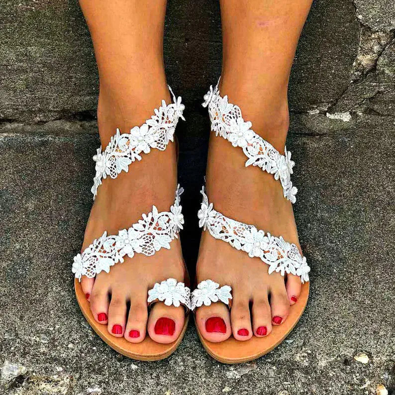 White women's flat shoes with rhinestone floral decoration on PU upper