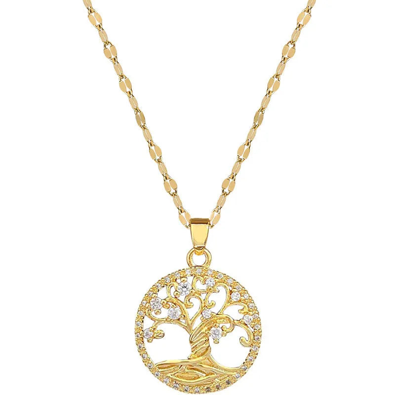 Gold-plated cross necklace with mother pearl inlay and rhinestone detailing on adjustable chain