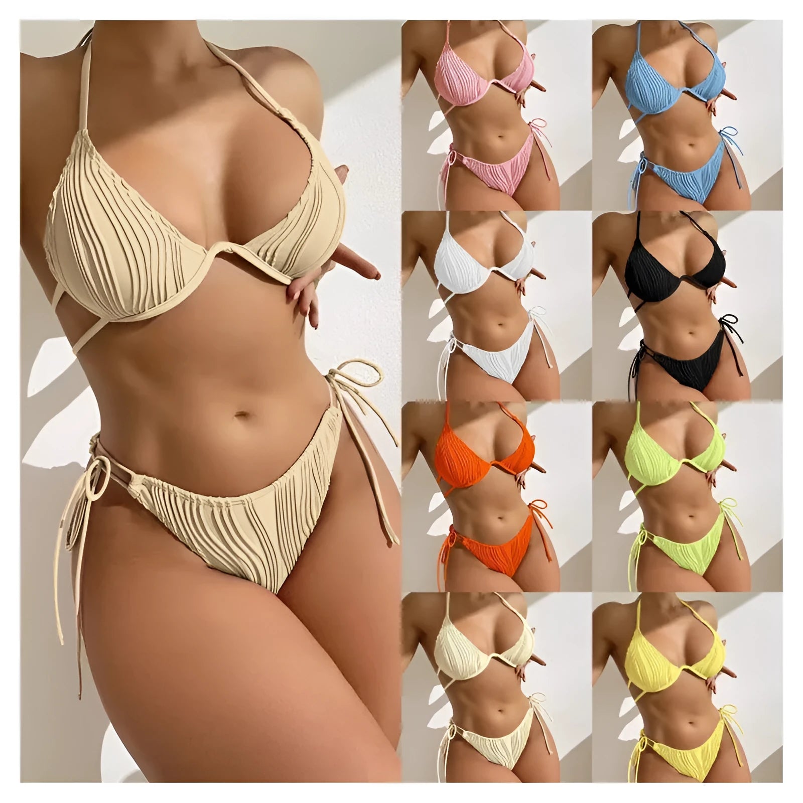Women's black bikini set with halter neck top featuring a steel bracket and high-waisted bottoms.