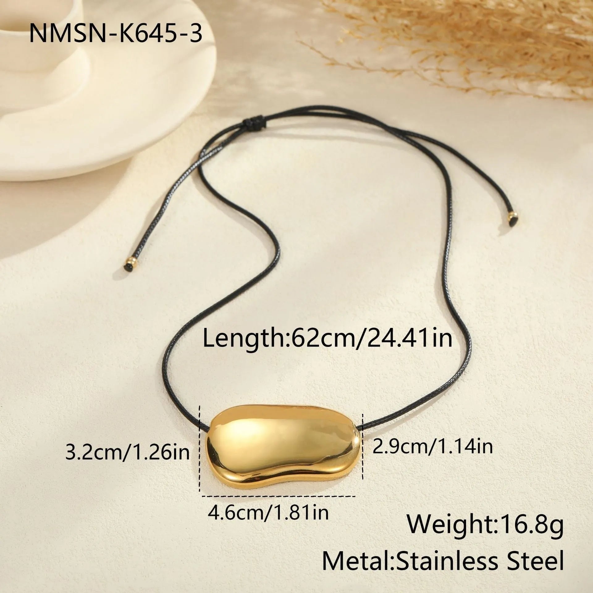 Stainless steel geometric pendant necklace with adjustable rope chain in gold or silver electroplated finish