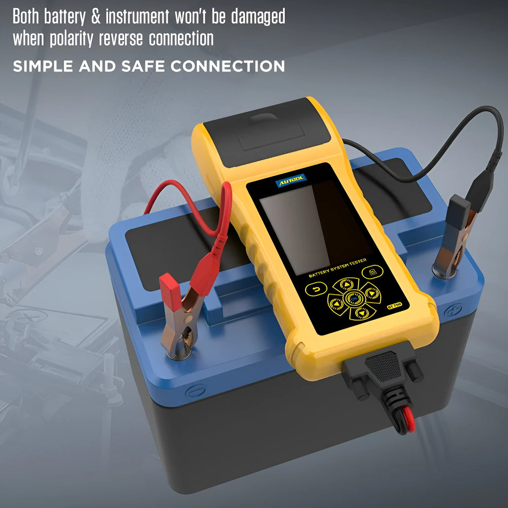 Autool BT760 colour screen car battery tester with clip leads and printed diagnostic receipt.